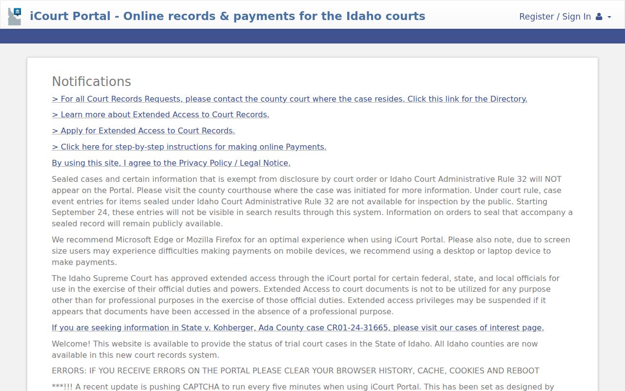 Idaho iCourt Smart Search for Bannock County criminal cases