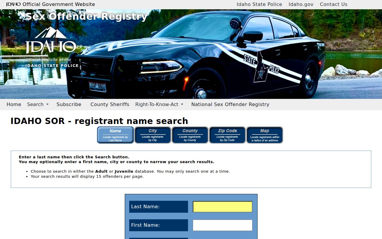Bannock County sex offender registry name search fields
